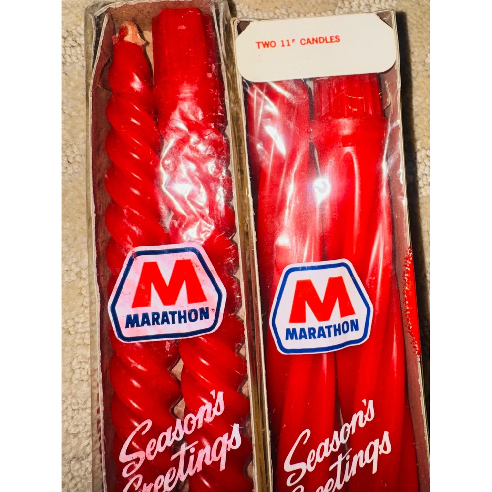 Vintage Marathon Oil Red Spiral Twist  Candles 11" Seasons Greetings 2 Boxes